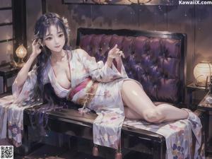 A woman in a kimono sitting on a bench.