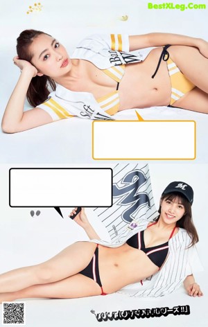 A woman in a bikini holding a baseball cap.