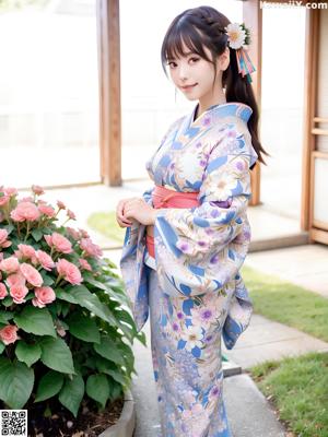 A woman in a blue kimono posing for a picture.