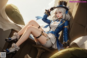 A woman in a white and blue outfit holding a gun.