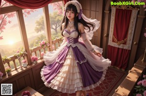 A woman in a purple dress and hat standing on a porch.