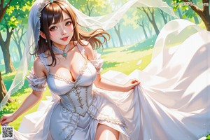 A woman in a wedding dress walking through a forest.