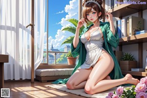 A woman in a green bikini leaning against a window.