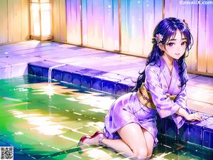 A woman in a kimono sitting on a table with lanterns.