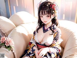 A woman in a kimono sitting in front of a painting.