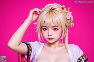 A woman in a revealing outfit with a pink background and flower accents.