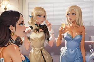 A cartoon of a blonde woman in lingerie posing on a bed.