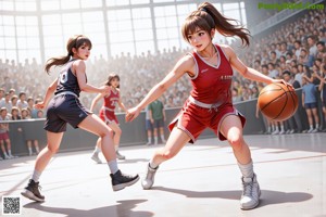 A girl in a yellow and purple uniform holding a basketball.