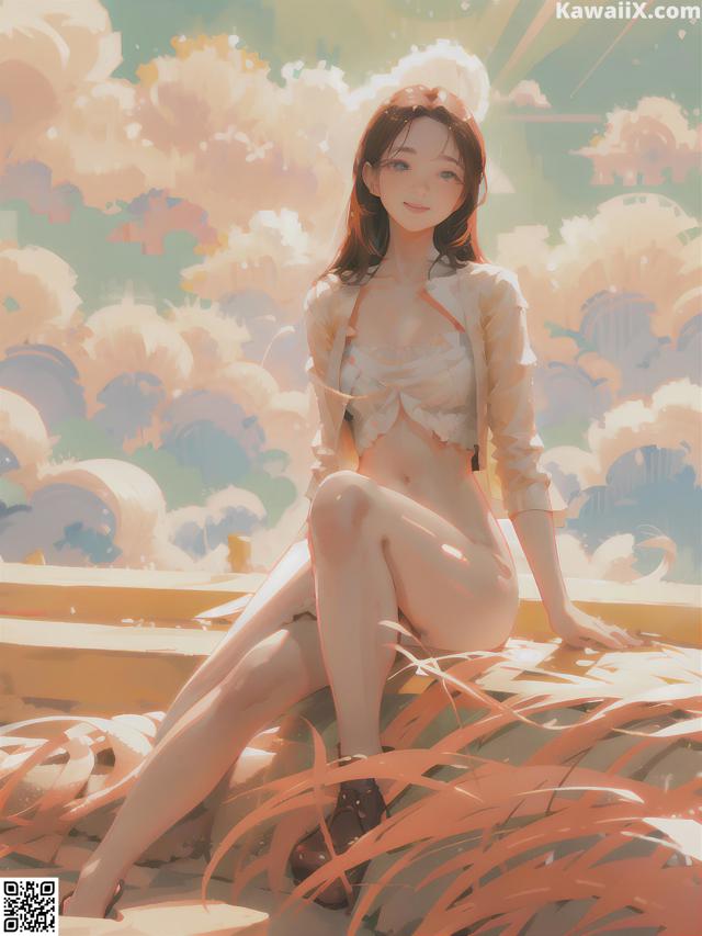 A woman sitting on top of a pile of hay.
