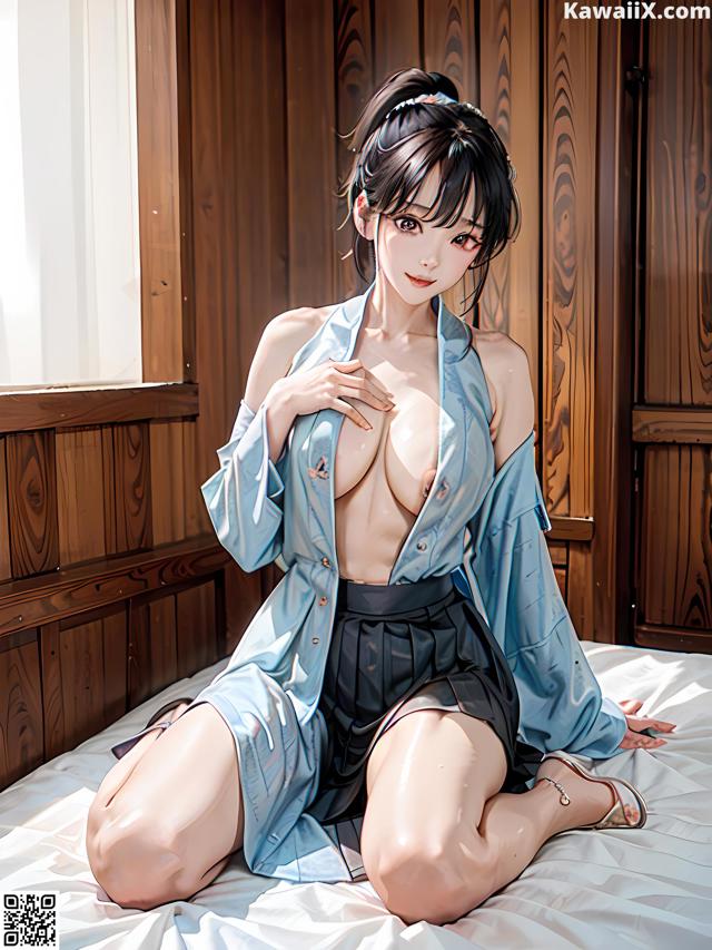 A woman in a blue shirt and black skirt sitting on a bed.