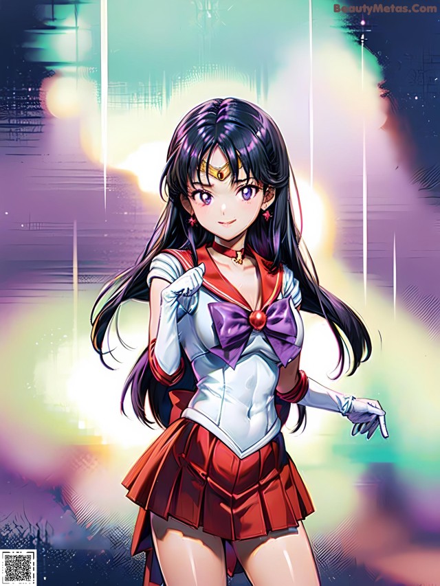 A girl in a sailor suit is standing in front of a colorful background.