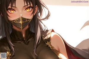 A woman in a mask is sitting on a bed.