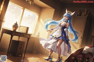 A woman with blue hair wearing a white dress and a crown.