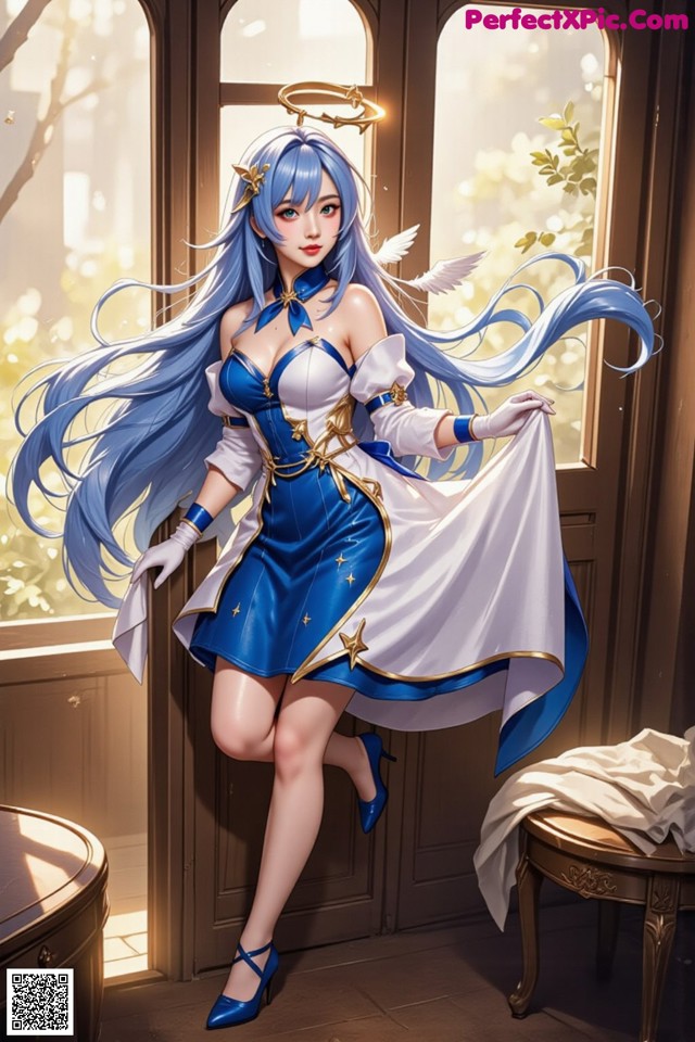 Hentai - Captivating Grace of the Cosmic Maiden Set.1 20250124 Part 10 No.c8a701 A woman in a blue and white dress standing in front of a window.