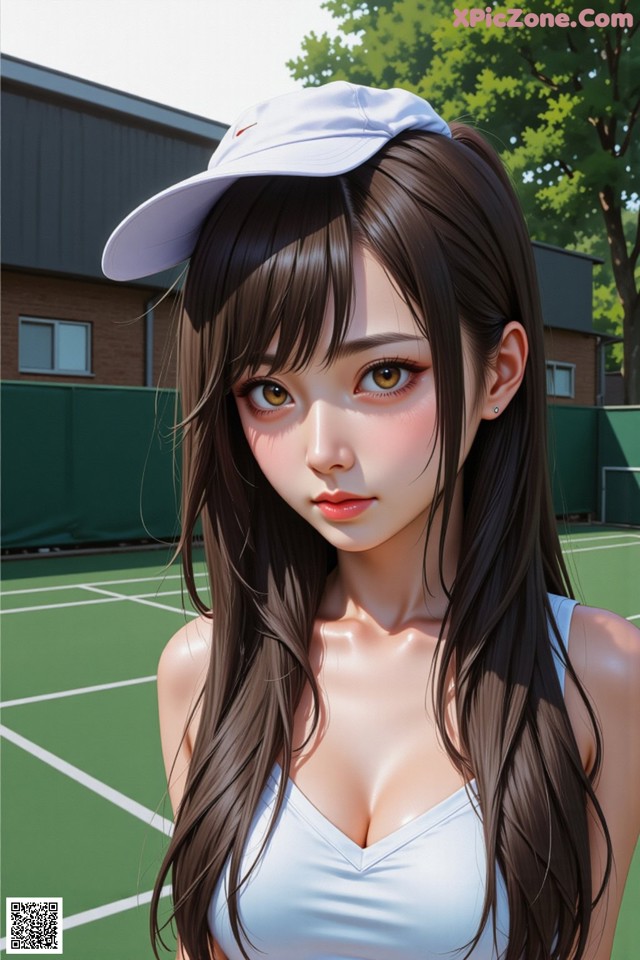 A woman with long brown hair wearing a white hat.