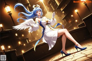 Anime girl with blue hair and angel wings sitting on a chair.