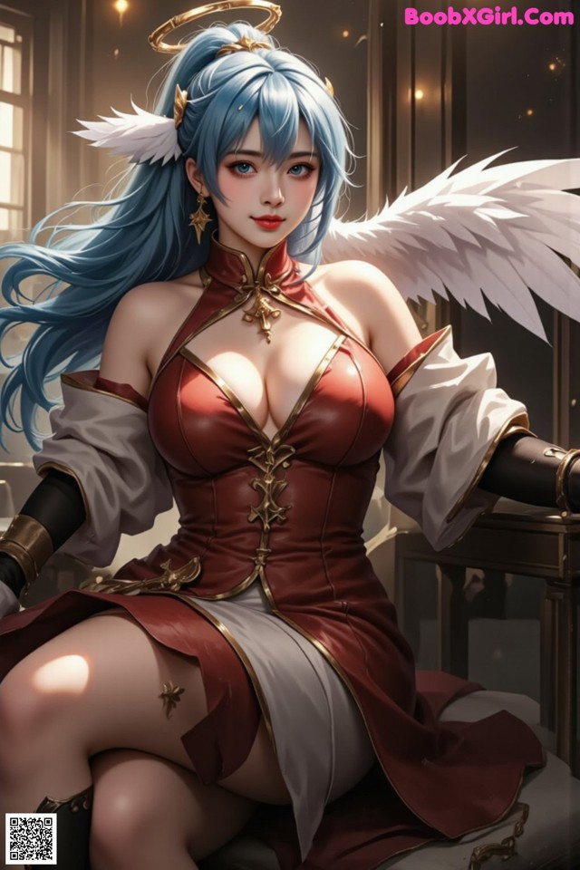 Hentai - Captivating Grace of the Cosmic Maiden Set.1 20250124 Part 7 No.69178c Anime girl with blue hair and angel wings sitting on a chair.
