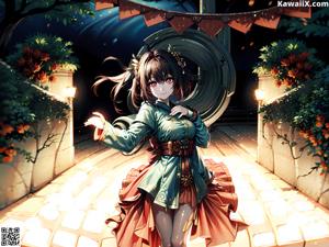 A woman in a blue kimono sitting on a wooden bench.