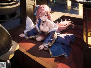 A woman in a kimono sitting on a window sill.