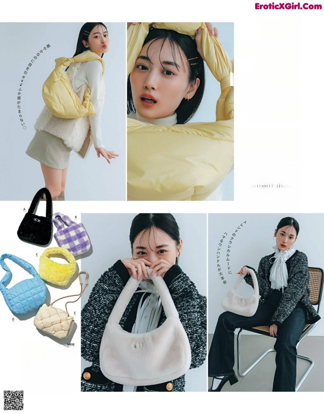 A woman sitting on a chair holding a purse.