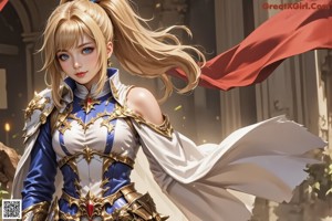 A woman in a blue and white outfit holding a sword.