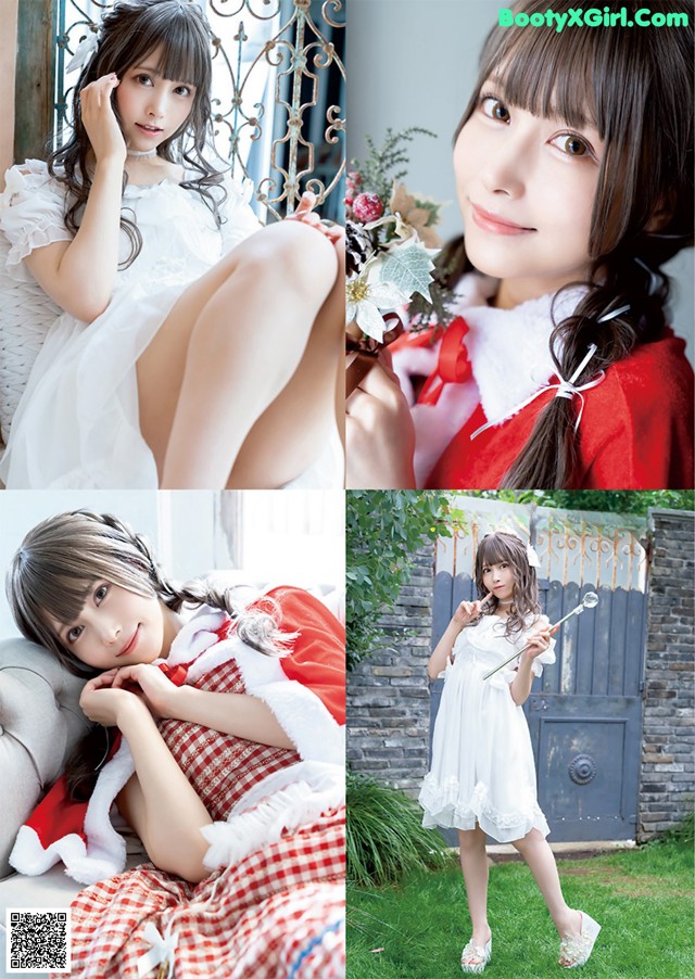A woman in a white dress sitting on a couch.