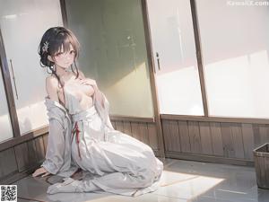 A woman in a white lingerie sitting on a bed.