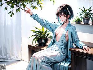 A woman in a white and gold robe sitting on a bed.