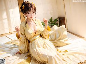 A woman in a white and gold robe sitting on a bed.