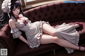 A woman in a white dress sitting on a bed.