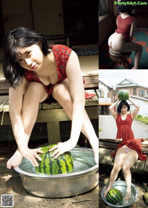 A woman in a white shirt and blue skirt crouching down on the ground.