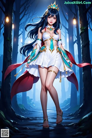 A woman with long black hair wearing a white bikini and a crown.