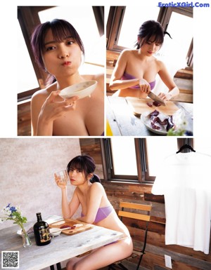 A woman in a pink bikini sitting at a table.