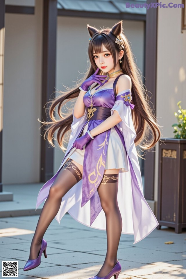 Hentai - Sovereign of Lightning in Exquisite Garb Set.2 20250126 Part 16 No.0759d2 A woman in a purple and white outfit is posing for a picture.