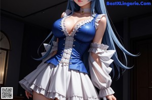 A woman in a blue and white dress sitting on a bed.
