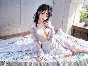 A woman in a blue dress sitting on a bed.