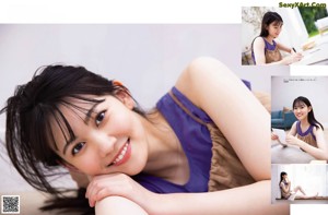 A woman in a purple tank top sitting on a couch.