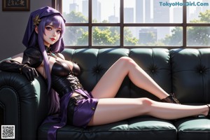 A woman with purple hair and a sailor hat leaning against a window.