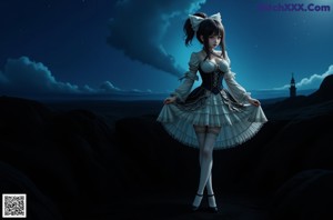 A woman in a maid outfit sitting on a chair.