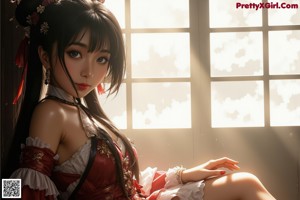 A woman in a red dress sitting on a bench.