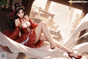 A woman in a red dress sitting on a bench.