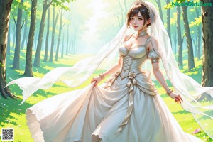 A woman in a wedding dress standing in the woods.