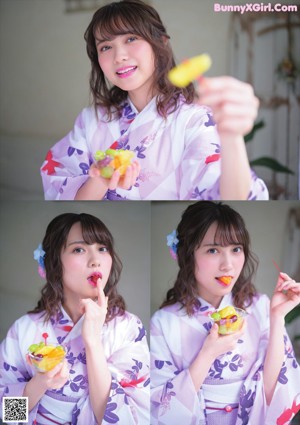 A young girl in a kimono sitting on a bed.