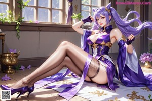 A woman in a purple outfit sitting on a wooden bench.
