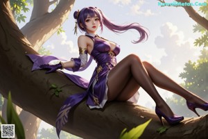 A woman in a purple dress is standing in the clouds.