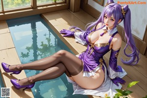 A woman in a purple and white outfit posing for a picture.
