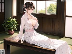 A woman in a kimono standing in front of a window.