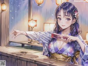 A woman in a purple kimono sitting on a window sill.