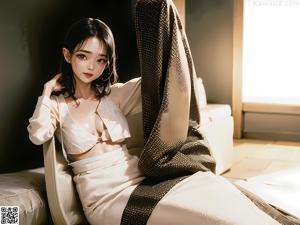 A woman in a kimono sitting on the floor with angel wings.
