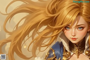 A woman with long blonde hair wearing a blue and gold outfit.